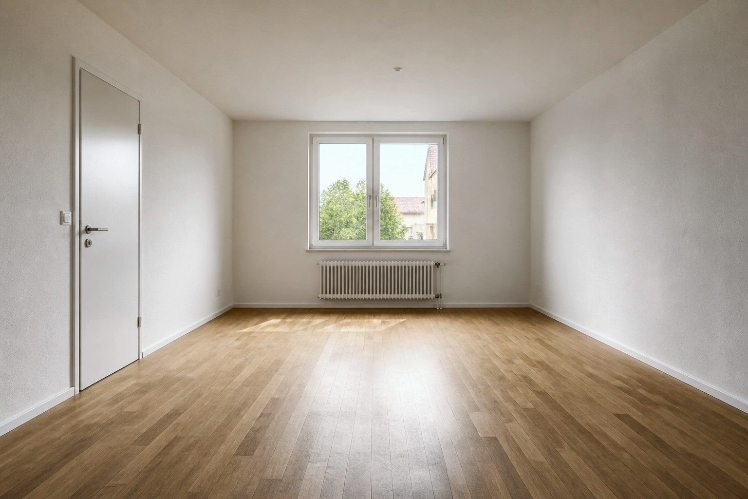La même pièce après le débarras : vide, parquet dégagé, murs nus