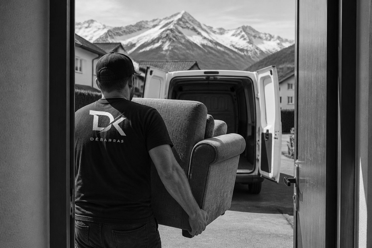 Un déménageur emporte un fauteuil vers une camionnette, les Alpes en arrière-plan